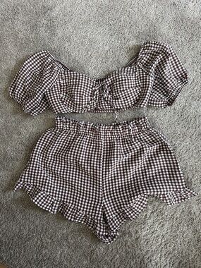 wild fable Brown and White Gingham Crop Top and Shorts Set